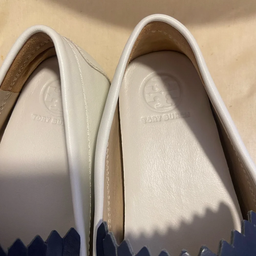 Tory Burch White Leather Loafers with Navy Fringe & Green Stripe